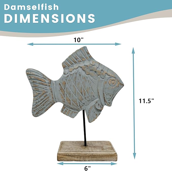 Farmhouse World Wooden Fish Sculpture Home Decor | Handmade Fish Statue on Base Stand Sea Nautical Beach House Decor Art Piece | Rustic Centerpiece Table Decor for Office, Living Room (Damsel Fish)