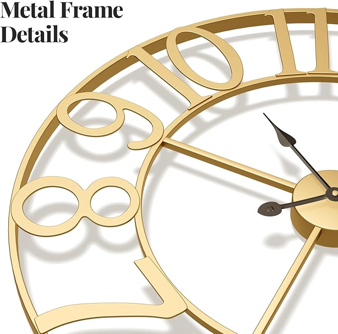Large Wall Clock 24 Inch Gold, Decorative Wall Clocks Battery-Operated, Modern Metal Round Clock Silent Non Ticking Arabic Numerals for Living Room Kitchen Mantel Bedroom Office Decor