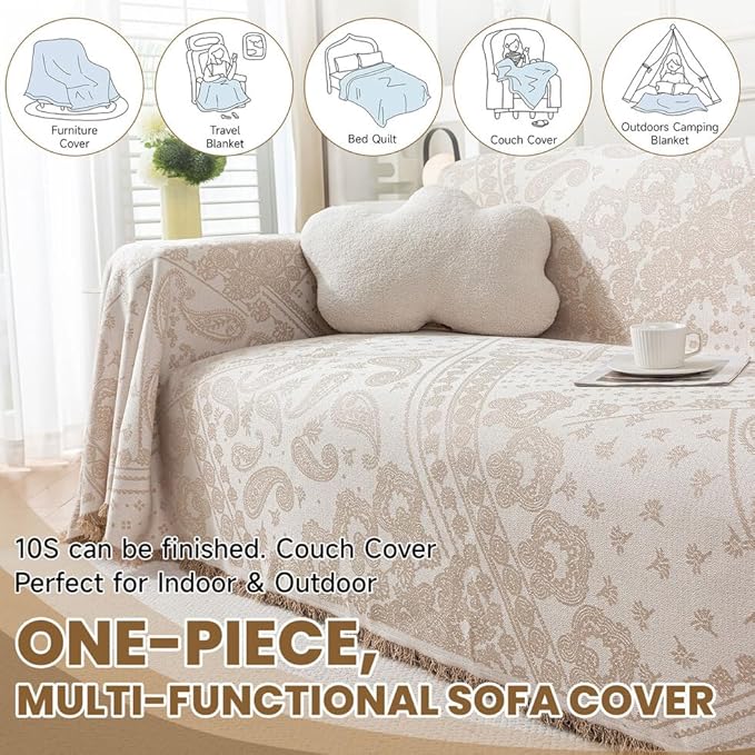 ROOMLIFE Boho Beige Couch Cover for Dogs, Washable Non Slip Furniture Protector Couch Sofa Covers for 3 Cushion Couch, Soft Breathable Sofa Slipcovers Couch Cover Throw Blanket with Tassels71''X134''
