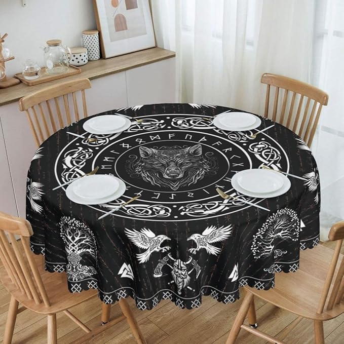 Norse Viking Tablecloth, Nordic Mythology Tree of Life Crow Ancient Mythical Viking Wolf Print Water Resisitant Table Cover for Dining Kitchen Living Room Home Party Holiday Decor 60 inch Round
