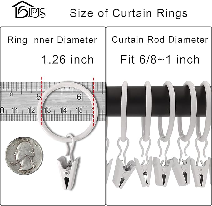 40 Pack Curtain Rings with Clips, Curtain Clip Rings Hooks, Bow Hanger Clips for Hanging Drapery Drapes Bows, Ring 1.26 inch Interior Diameter, Fits up to 1" Rod, White