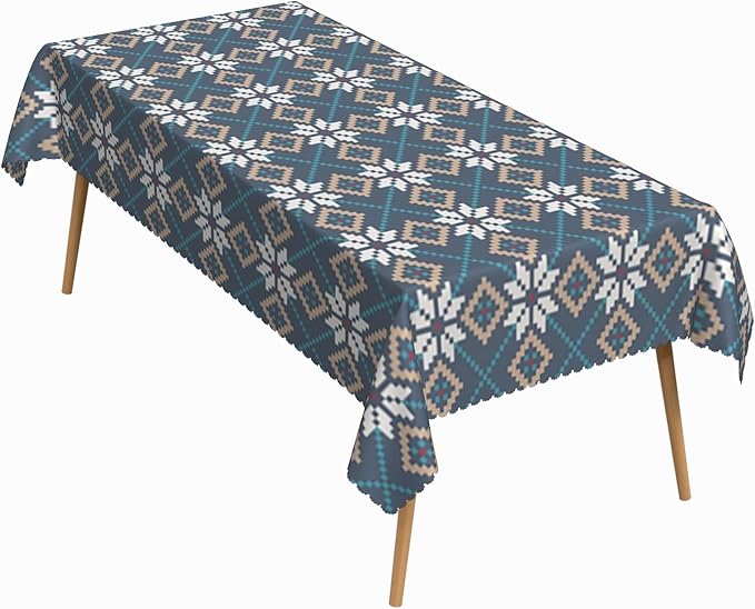 70x90 Inch Christmas Theme Rectangle Tablecloth Rhombus Winter Flower Dark Blue Table Cloth Washable Durable Table Cover for Kitchen Dining Banquet Ugly Christmas Sweater Party Decor