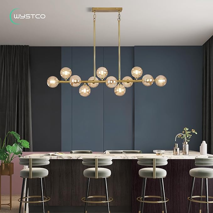 50" Large Sputnik Globe Chandelier, 12-Light Mid Century Modern Light Fixture Over Table, Brass Gold Linear Chandeliers for Dining Room and Kitchen Island (Amber Glass Bubble Shades)