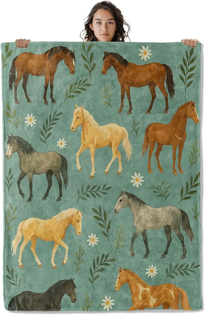 Beautiful Horses Blanket, Daisy and Leaves 60 x 50 Inch Flannel Throw Blanket, Gifts for Women Kids, Lightweight Cozy Warm Blankets for Sofa Travel Home Decor
