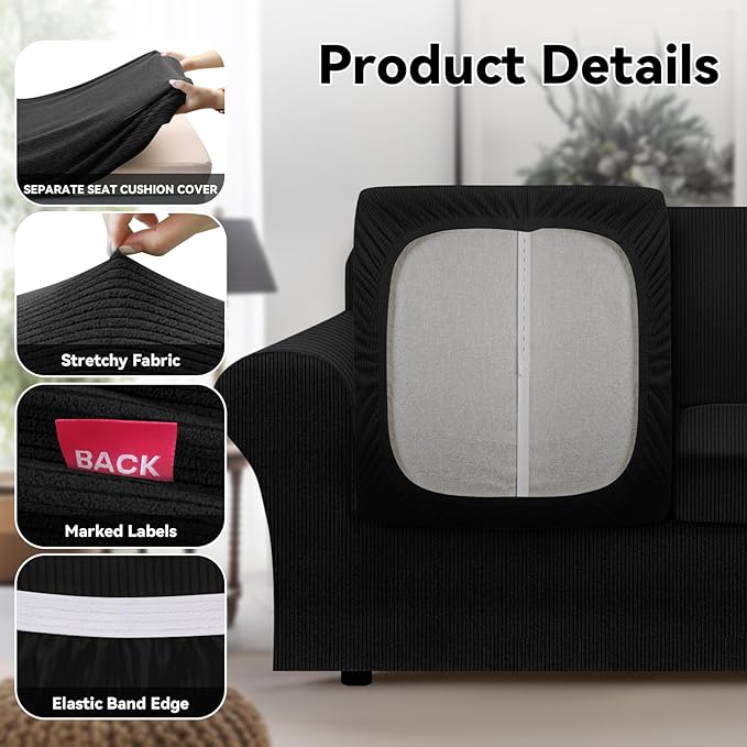 100% Waterproof Loveseat Cover 3-Piece Set Striped Loveseat Slipcovers for 2 Cushion Couch Sofa Covers with TPU Leakproof Bottom Stretch Couch Protector Pet Proof - Loveseat, Black