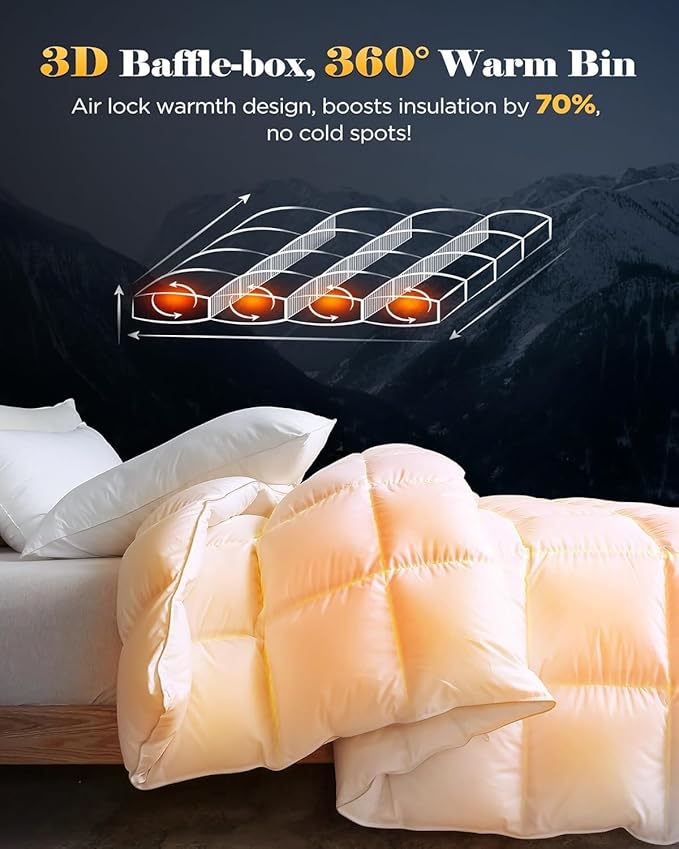 3D Baffle Box Real Down Comforter, 750 Fill-Power Ultra-Soft Down Duvet Insert, All Season White Feathers Down Comforters Queen Size, Medium Warm Bed Comforters, Fluffy and Cozy, 8 Tabs - 90"X90"