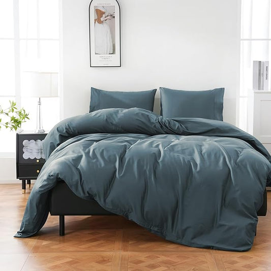 100% Organic Cotton Duvet Cover King 400 Thread Count Sateen Comforter Cover Soft and Breathable Cooling Bedding Set 3 Piece（Lake Blue,King）