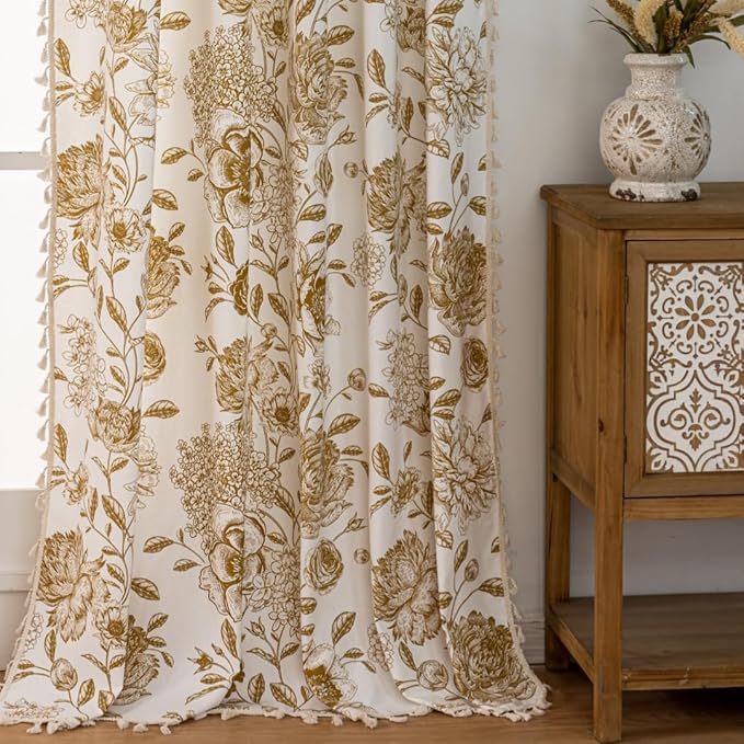 F-CHU Tan Floral Curtains for Living Room Bedroom Farmhouse French Country Linen Curtain Flower Pattern Chic Country Rod Pocket Curtains 2 Panels Set 55" W x 96" L