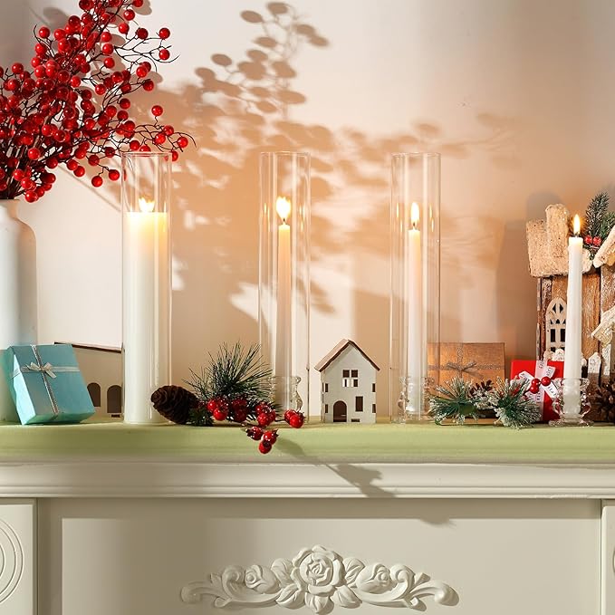 96 Set Christmas Glass Hurricane Candle Holders 12.6" Open Ended Glass Candleholder Tube Shape Bottomless and 2.2" Taper Clear Candlestick Holders for Wedding Party Table Centerpiece (Clear)
