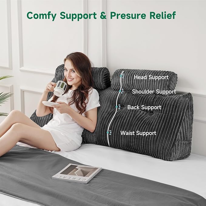 Z-hom King Size Wedge Headboard Pillow with 2 Roll Cushions, Large Reading Pillow for Bed Sitting Up, Triangular Backrest Cushion for Headboard, Supportive Pillow for Back Pain Relief, Grey
