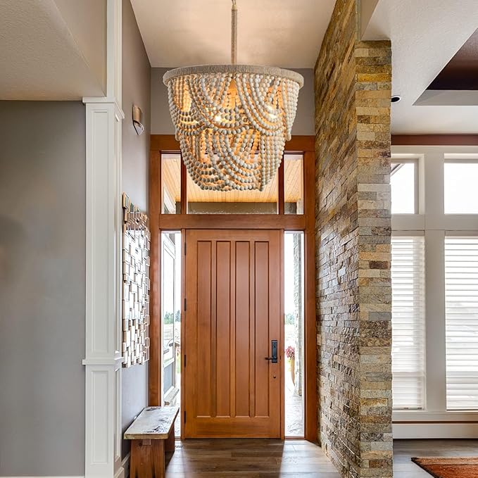 Wood Beaded Chandelier 3-Lights Rustic Antique Coastal Boho Pendant Light Fixtures for Nursery Baby's Bedroom Dining Room Living Room Kicthen Entryway