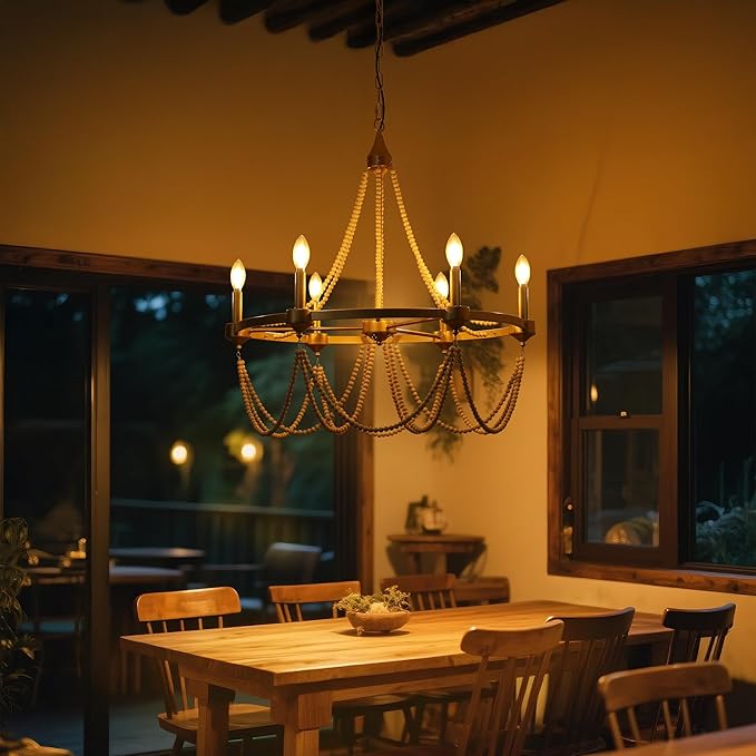 COCOSTAR Elegant Beaded Chandeliers for Dining Room,28 Inch Gold Wagon Wheel Light Fixture,Farmhouse Modern Chandelier for Coastal Bohemia Room,6xE12