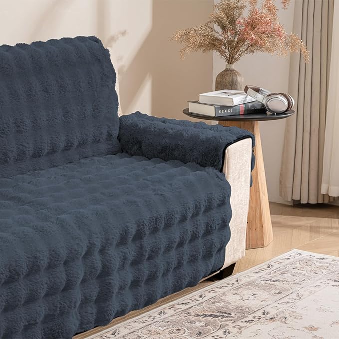 Plush and Fuzzy Shaggy Couch Cover, Dog Pad Faux Fur Sofa Cover, Water Resistant Slipcover, Non-Slip Furniture Protector for Kids,Dogs,Cats.(Noble Gray-Bubble, XX-Large Sofa)