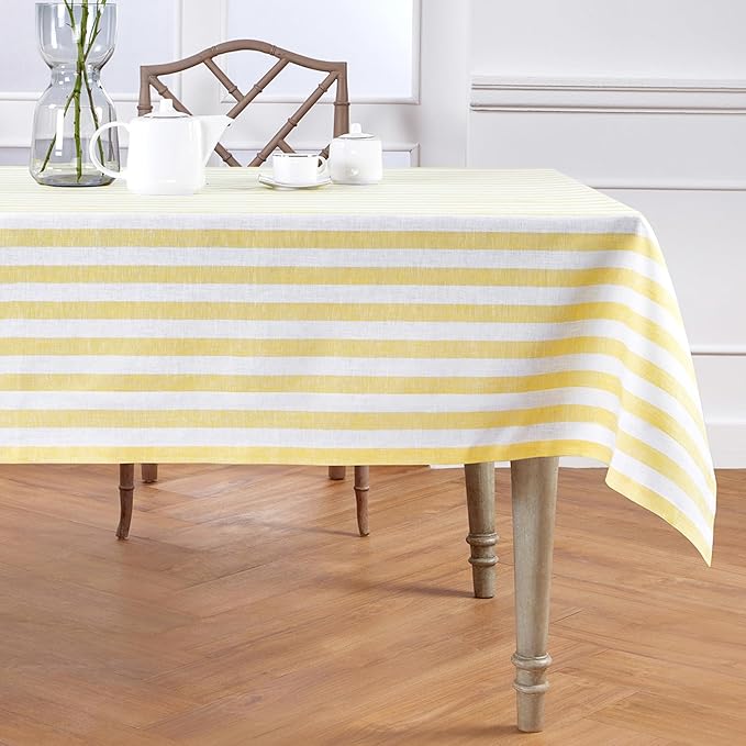 Solino Home Linen Square Tablecloth 52 x 52 Inch - Sorrento Stripe, 100% Pure Linen Yellow and White Table Throw - Machine Washable Tablecloth
