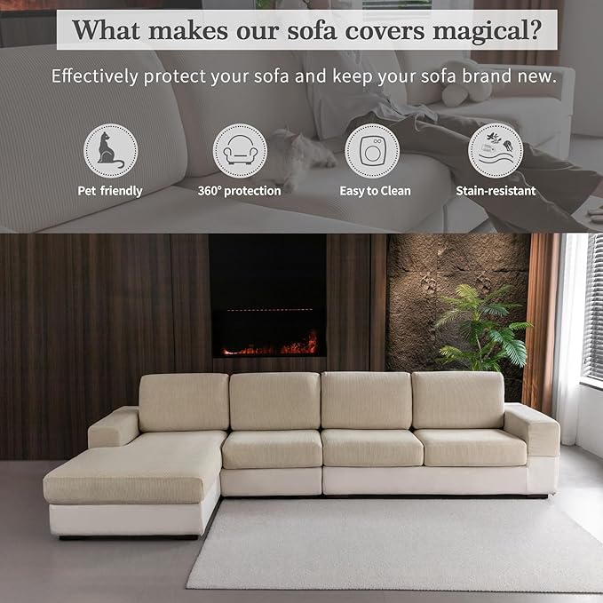 Sectional Couch Covers, Wear Resistant Stretch Sofa Covers Washable Soft Couch Cushion Covers Anti Slip Furniture Protector Sofa Slipcovers for Pets (3 Pieces 3 Seaters Cover, Light Brown)