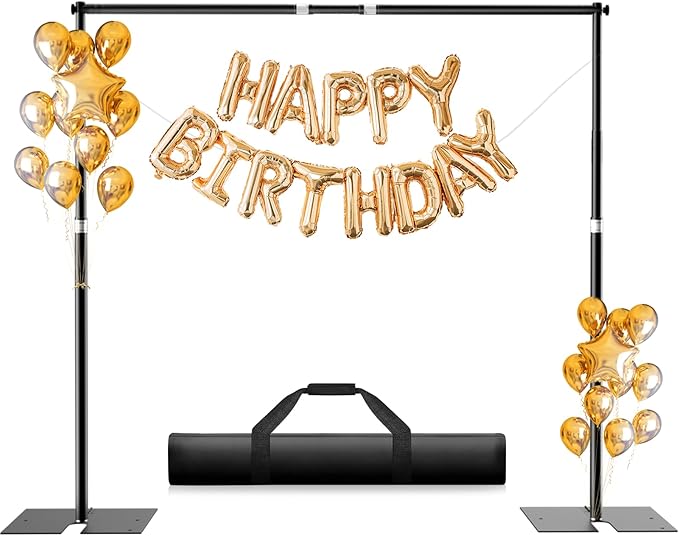 Heavy Duty Backdrop Stand, 8.5ft x 10ft Pipe and Drape Kit with Metal Flat Base, Adjustable Background Support System with Carry Bag for Wedding Party Birthday Photoshoot