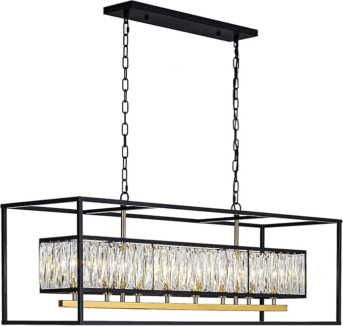 Vezzio Large Chandeliers for Dining Room Modern Black and Gold Channdelier L42 inch Crystal Ceiling Light Fixture Over Table 8 Lights Rectangle Chandelier for Kitchen Island