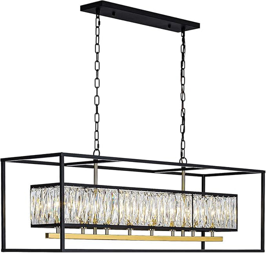 Vezzio Large Chandeliers for Dining Room Modern Black and Gold Channdelier L42 inch Crystal Ceiling Light Fixture Over Table 8 Lights Rectangle Chandelier for Kitchen Island