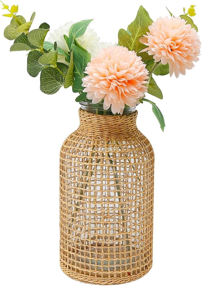MDEOOSKY Straw Woven Glass Vase 10.25''X3.93''X5.52''Boho Glass Flower Vase Country Rustic Style Vase Glass Vase for Floral Arrangements Bottle Height (B Style 10.25IN)