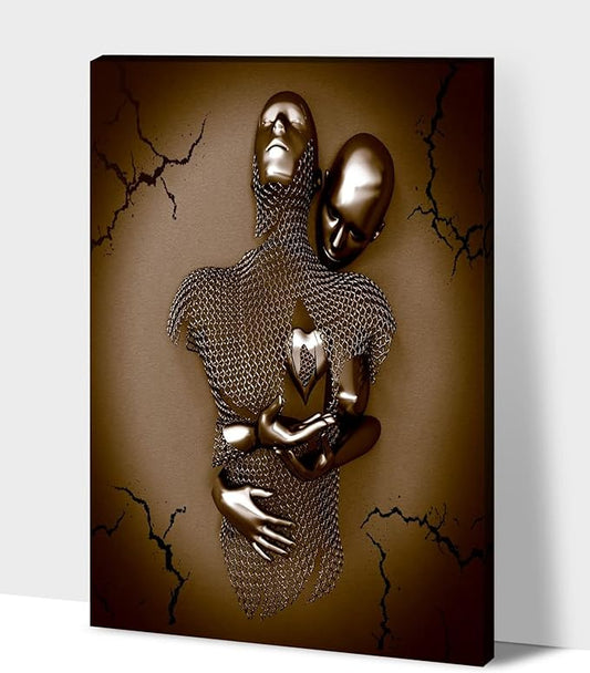 HIPOCAPO 3D Metal Effect Wall Art - Love Heart Canvas Art, Gold Decor for Modern Living Room, Romantic Couple Room Framed 12''x18''x1Pcs 3d Art-17