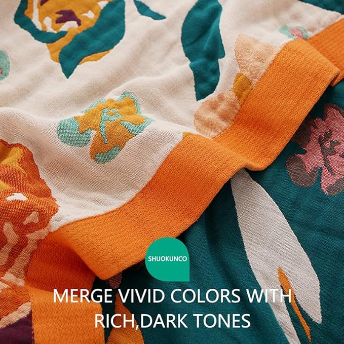 Boho Throw Blanket for Bed 100% Cotton Ultra Soft Rustic Quilt Floral Printed Farmhouse Decor Fall Bed Blankets,60"×80" All Season Rustic Large Throw for Sofa Couch Chair