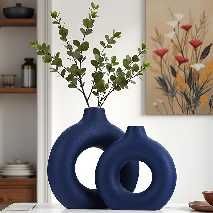 Navy Blue Ceramics Vase for Home Decor,Minimalist Nordic Hollow Donut Vase Set of 2,Modern Navy Blue Decor for Kitchen Table Centerpiece,Living Room,Fire Place,Bookshelf,Office,Entryway,Console