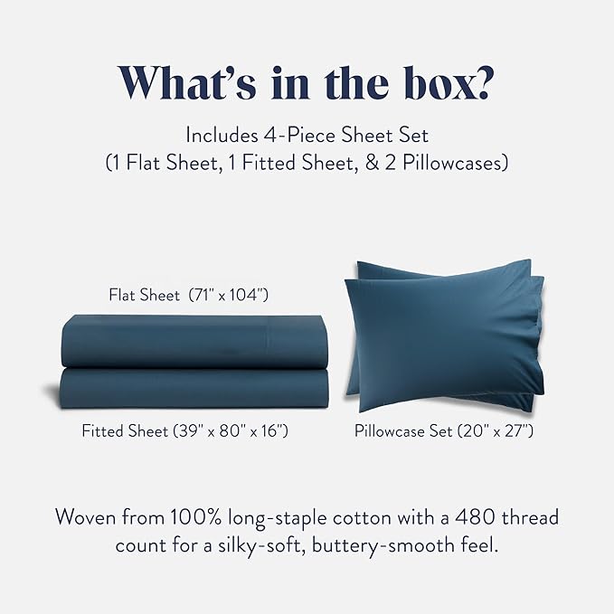 Brooklinen Luxury Sateen 4 Piece Sheet Set - 100% Cotton Bed Sheets, Soft & Durable Twin XL Sheets Set in Abyss Blue, Oeko-TEX Certified Bedding Set, 1 Fitted Sheet, 1 Flat Sheet, 2 Pillowcases