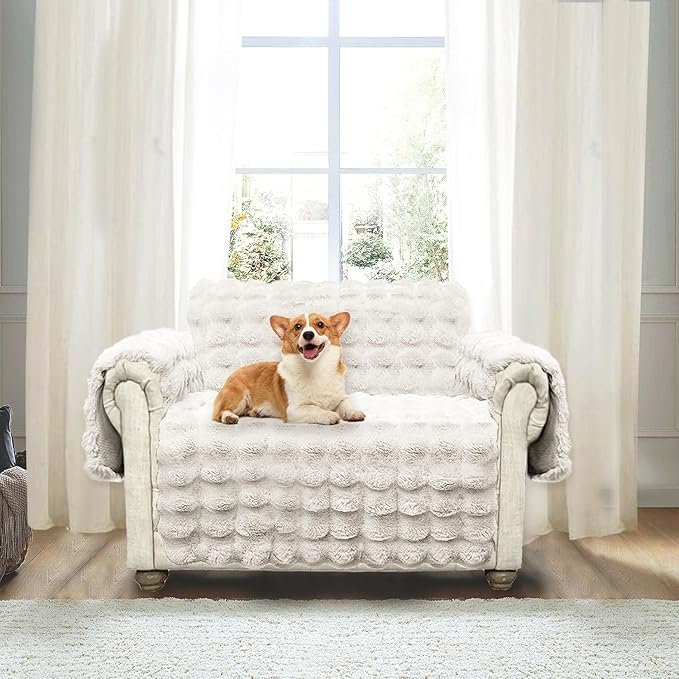 Plush and Fuzzy Shaggy Couch Cover, Dog Pad Faux Fur Sofa Cover, Water Resistant Slipcover, Non-Slip Furniture Protector for Kids,Dogs,Cats.(White-Bubble, Medium Loveseat)