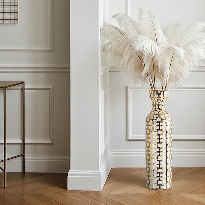 White with Golden Vase for Modern Home Decoration, 24.4 inch Tall Floor Vases for Home Decor, Ceramic vases for décor, Suitable for Living Room Decor, Bathroom Decor and Office Décor