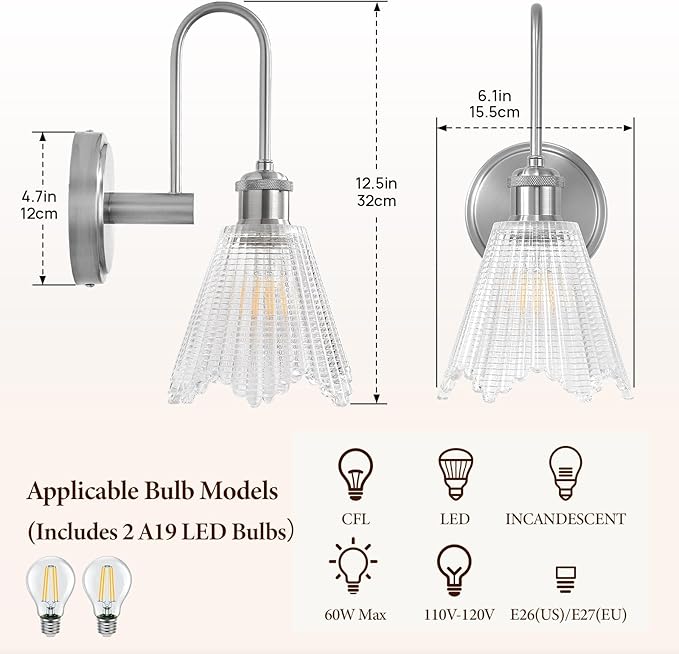 Wall Sconce Set of 2, Nickel Vintage Light Fixtures with Long Clear Glass Lampshade, Hardwired Sconces Wall Lighting for Bedroom, Bathroom, Living Room | Includes 2 LED Bulbs
