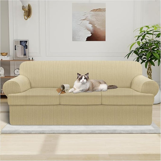 Waterproof Couch Cover 4-Piece Set Striped Sofa Slipcovers for 3 Separate T Cushion Couch - TPU Fabric Sofa Covers Leakproof Couch Protector for Kids, Pets(3 Cushion Sofa, Camel)