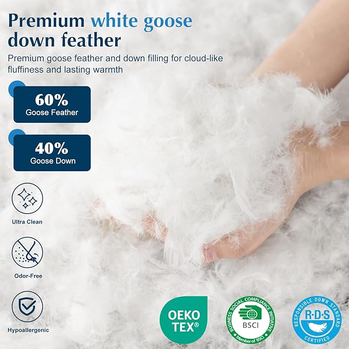 Luxury Goose Feather Down Pillow Queen Size, 100% Cotton Shell, 3-Chamber 5 Star Hotel Pillow for Deep Sleep, Soft Bed Pillows for Neck Pain Relief, Perfect for Side, Back Sleepers - 20"x30"
