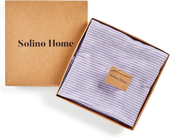 Solino Home Round Linen Tablecloth 70 Inch - Narrow Stripe, 100% Pure Linen Lavender and White Round Table Cloths - Machine Washable Tablecloth