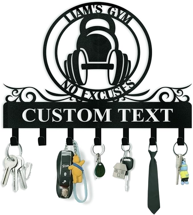 Personalized Key Holder for Wall - Custom Weightlifting Coat Rack Wall Hanging with Name, Metal Key Holder Hooks Organizer Rack, Home Gym Decor, Key Hanger for Gym Doorway Office