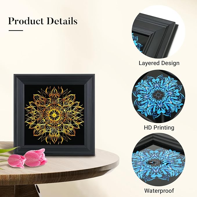 Brivoria Mandala Wall Art Home Decor, Golden Sacred Centerpiece with Layered Frame Design, Modern Spiritual Wall Accent for Living Room Hallway Dining Room or Meditation Area, Artistic Display, 16x16
