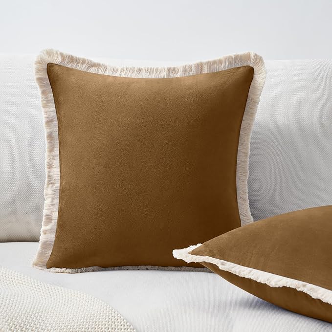 MONDAY MOOSE Decorative Throw Pillow Covers Cushion Cases, Set of 2 Soft Velvet Modern Fringe Tassel Designs, Mix and Match for Home Decor, Pillow Inserts Not Included (Caramel, 20x20 inch)