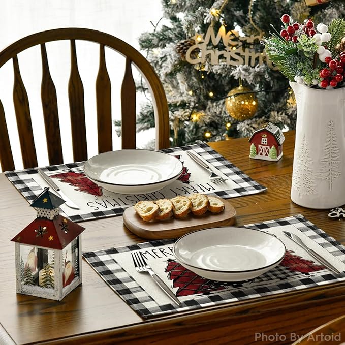 Artoid Mode Waterclor Buffalo Plaid Christmas Trees Placemats Set of 8, 12x18 Inch Winter Table Mats for Outdoor Home Party Kitchen Dining Decor