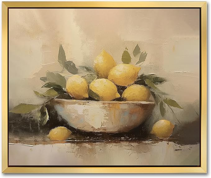 AIMAILON Vintage Gold Canvas Wall Art Framed Decor Classical Print Home Decoration for Kitchen Living Room Expressive Brushstrokes Yellow Lemon Lemon with Leaves Still Life Picture 10x12