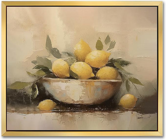 AIMAILON Vintage Gold Canvas Wall Art Framed Decor Classical Print Home Decoration for Kitchen Living Room Expressive Brushstrokes Yellow Lemon Lemon with Leaves Still Life Picture 10x12