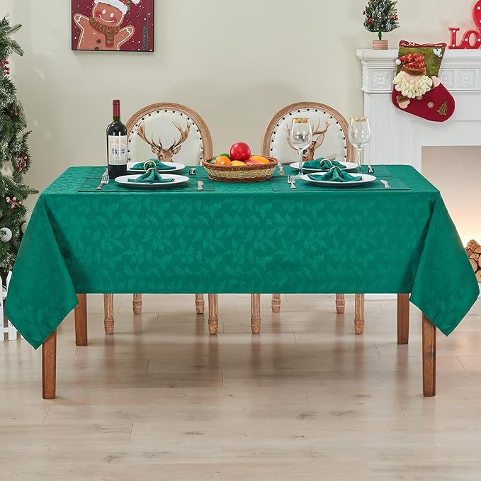 Rectangle Christmas Jacquard Table Cloth Waterproof Elegant Damask Floral Pattern Heavy Weight Wipeable Wrinkle Free Fabric Table Covers for Dinner or Daily Uses(Dark Green/60x120Inch)