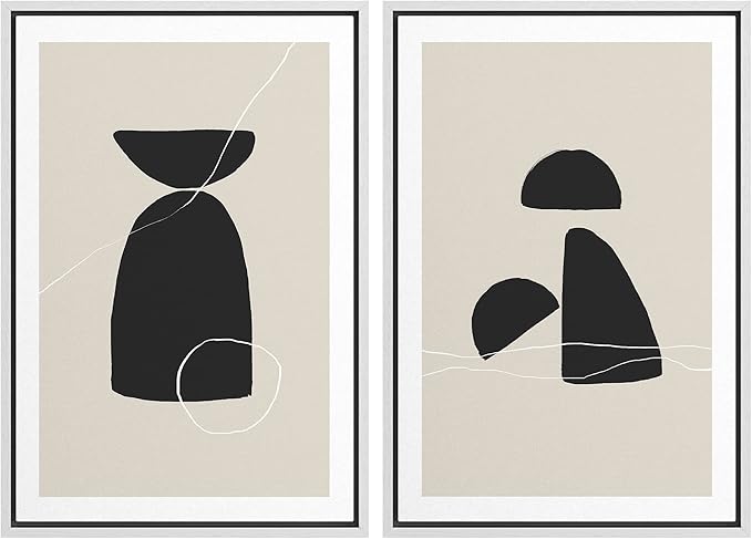 SIGNWIN Framed Canvas Print Wall Art Set Black Tan Mid-Century Figures Abstract Shapes Illustrations Modern Art Decorative Nordic Multicolor for Living Room, Bedroom, Office - 24"x36"x2 White