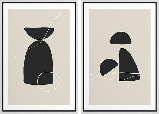 SIGNWIN Framed Canvas Print Wall Art Set Black Tan Mid-Century Figures Abstract Shapes Illustrations Modern Art Decorative Nordic Multicolor for Living Room, Bedroom, Office - 24"x36"x2 White