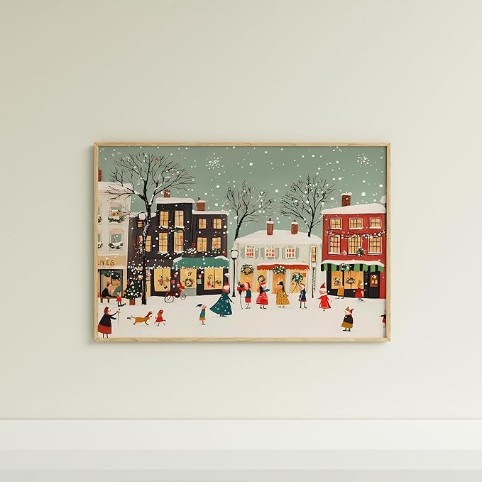 OZCONO Retro Christmas Village Art, Festive Winter Town Decor, Cheerful Holiday Home Accent, Snow Noel Print, Charming Seasonal Wall Artwork for Cozy Interior Style (Unframed) (20x30)