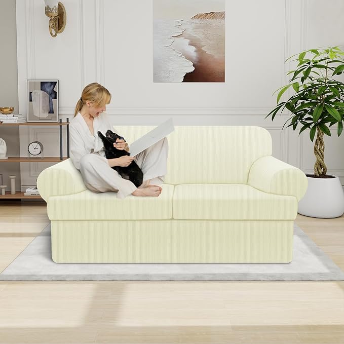 Waterproof Loveseat Cover 3-Piece Set Striped Slipcover for 2 Separate T Cushion Couch - TPU Fabric 2-Seater Sofa Covers Leakproof Couch Protector for Kids, Pets(Loveseat, Beige)