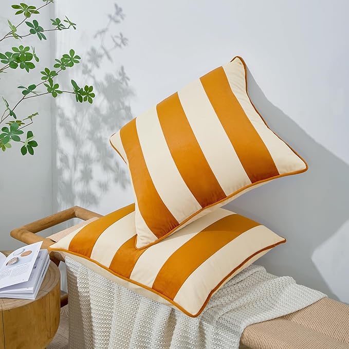 MONDAY MOOSE Decorative Throw Pillow Covers Cushion Cases, Set of 2 Soft Velvet Striped Piping Edge Designs, Pillow Inserts Not Included (Honey/Cream, 18x18 inch)