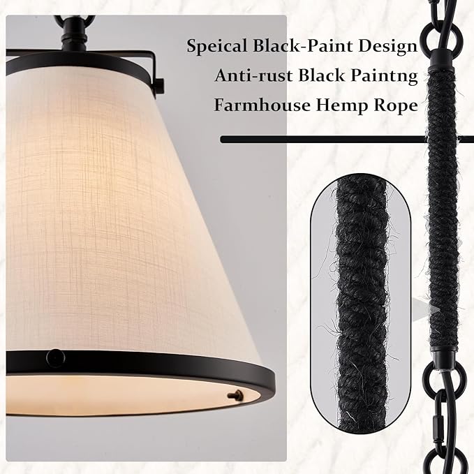 3-Pack Black Pendant Lights Kitchen Island Ceiling Pendant Light with Linen Lampshade 10in Transition Pendant Hanging Light with Chain for Kitchen Sink Entryway Hallway Dining Room