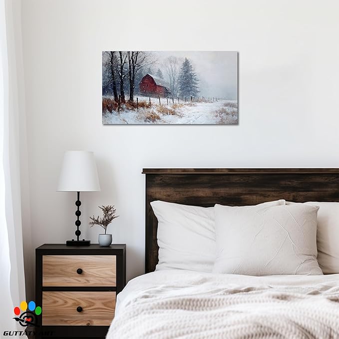 GUTTATY Christmas Winter Scene Canvas Wall Art, Rustic Red Barn Canvas Prints, Snowy Landscape Wall Artwork, Holiday Wall Decor Poster, Cozy Winter Pictures for Living Room, Bedroom, 40x20 Inch