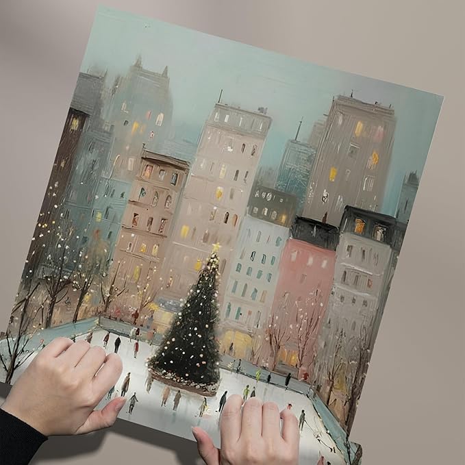 OZCONO Christmas Cityscape Wall Art, Retro Christmas Pastel Tone Decor, Whimsical Snowy Village Poster, Idea for Noel Season, Skating Scene Artwork (Unframed) (9x11)