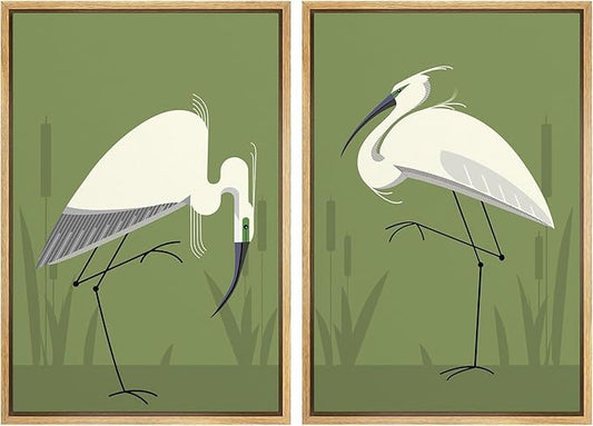 SIGNWIN Framed Canvas Print Wall Art Set Heron Bird Minimalist Egret Illustrations Modern Art Minimal Boho Colorful for Living Room, Bedroom, Office - 24"x36"x2 NATURAL