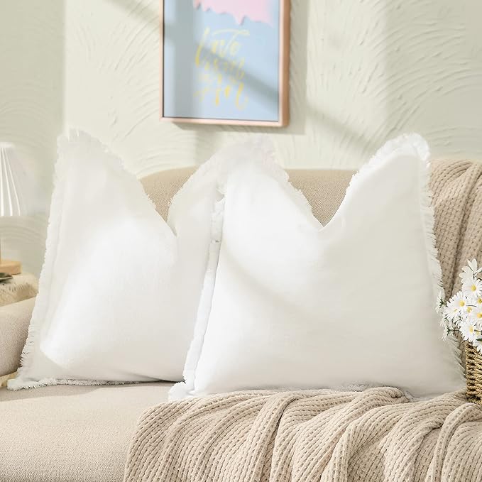 ZWJD Pillow Covers 22x22 Set of 2 Cream Throw Pillow Covers with Fringe Chic Cotton Decorative Pillows Square Cushion Covers for Sofa Couch Bed Living Room Farmhouse Boho Decor